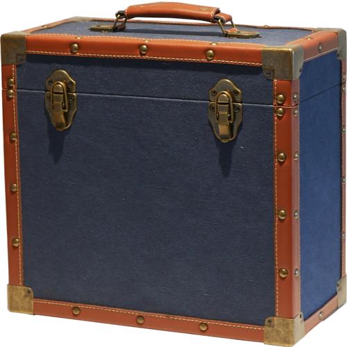 12" LP Vinyl Record Storage Case - Vintage Style Dark Blue Cloth and Faux Leather Edging