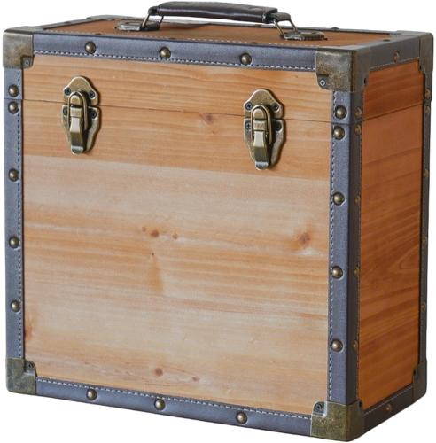 12" LP Vinyl Record Storage Case - Wood Effect with Grey Faux Leather Edging