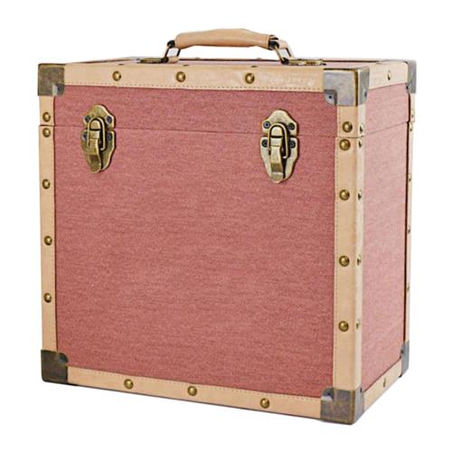 12 inch Vintage Luggage Style LP Vinyl Storage Case - Burgundy Cloth and Tan Faux Leather edging