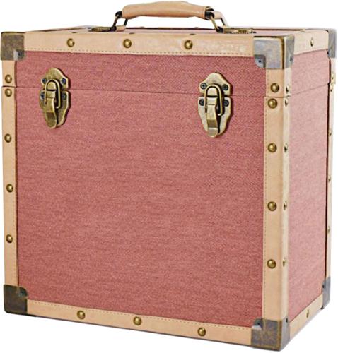 12" LP Vinyl Record Storage Case - Vintage Luggage Style Burgundy Cloth and Tan Faux Leather Edging