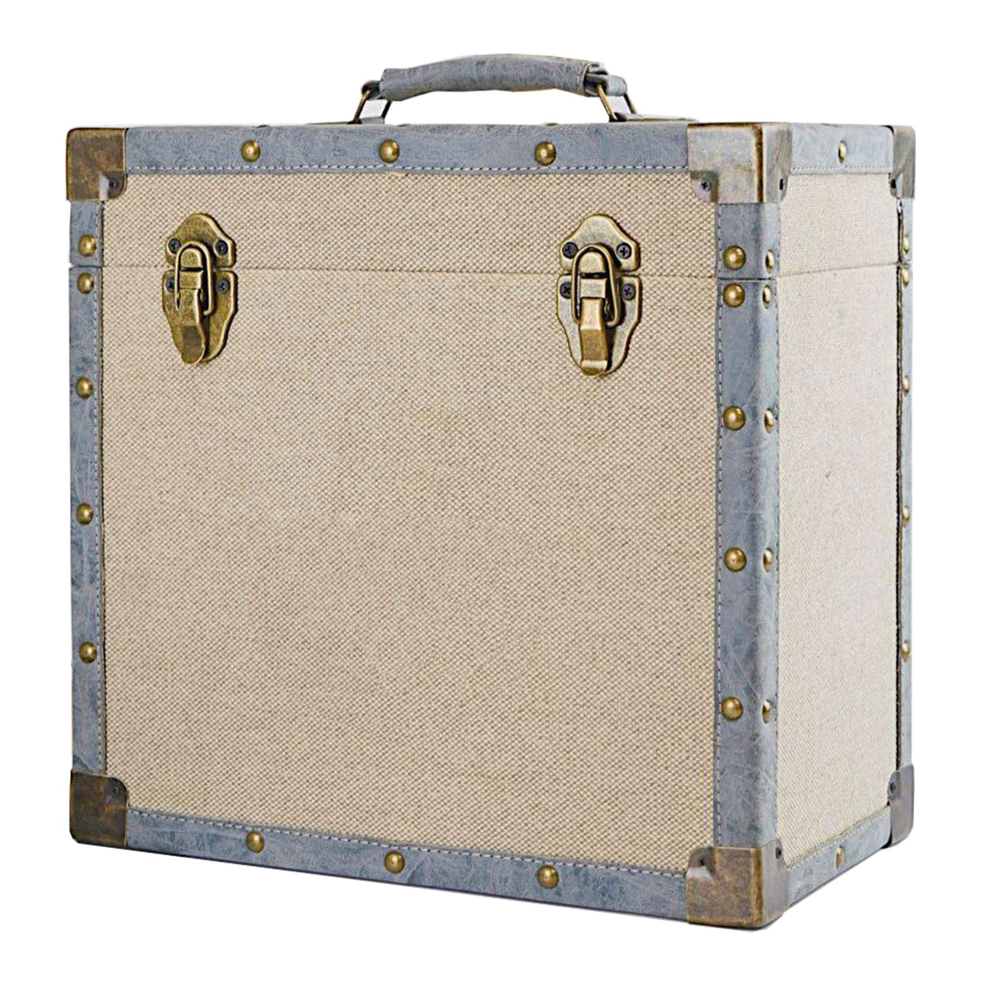 12 inch Vintage Luggage Style LP Vinyl Storage Case - Cream Cloth and Grey Faux Leather edging