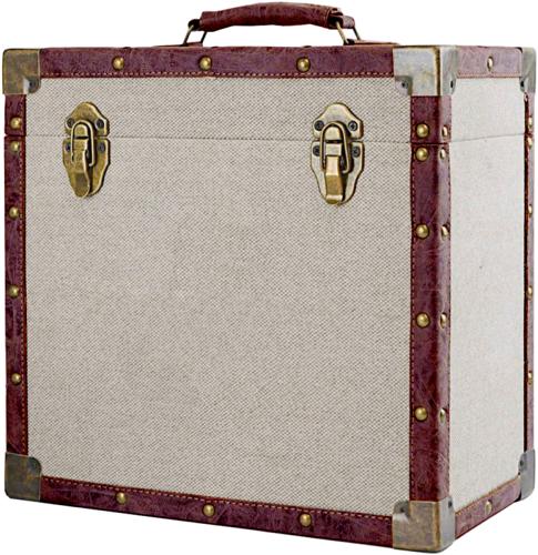 12" LP Vinyl Record Storage Case - Vintage Luggage Style Grey Cloth and Faux Leather Edging