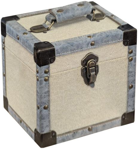 7" Vinyl Record Storage Case - Vintage Style Cream Cloth and Grey Denim Edging