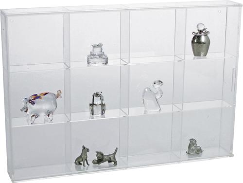 Frameless Acrylic Display Showcase - Wall-Mountable with Sliding Door - 300mm Wide, 12 Spaces