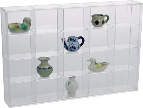 Frameless Acrylic Display Showcase - Wall-Mountable with Sliding Door - 300mm Wide, 20 Spaces