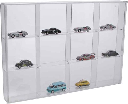 Frameless Acrylic Display Showcase - Wall-Mountable with Sliding Door - 350mm Wide, 12 Spaces