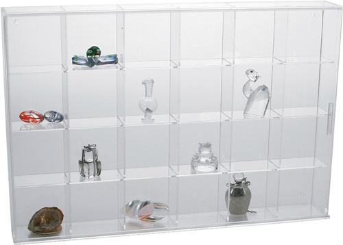 Frameless Acrylic Display Showcase - Wall-Mountable with Sliding Door - 350mm Wide, 24 Spaces