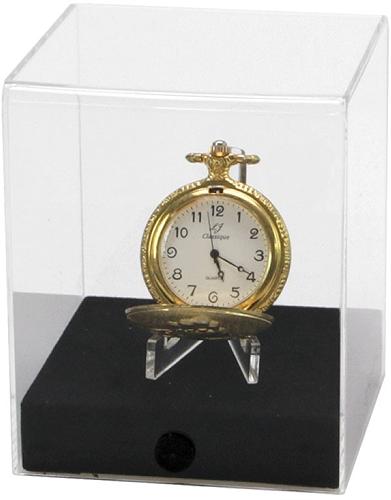 Acrylic Display Cube with Velour-Covered Black Wooden Base - 80 x 80 x 100mm