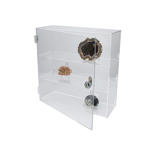 Acrylic Lockable Display Case with hinged door and 2 shelves 240