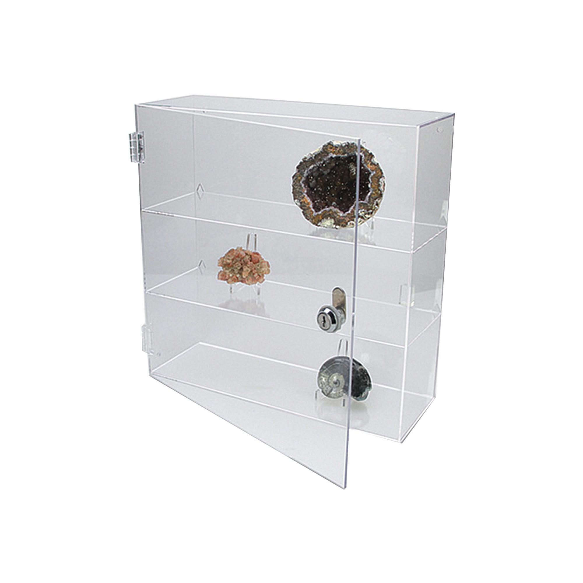 Acrylic Lockable Display Case with hinged door and 2 shelves 320