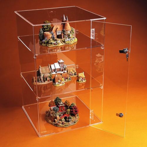 Acrylic Square Lockable Display Case 59cm high, 37.5cm square with 2 shelves