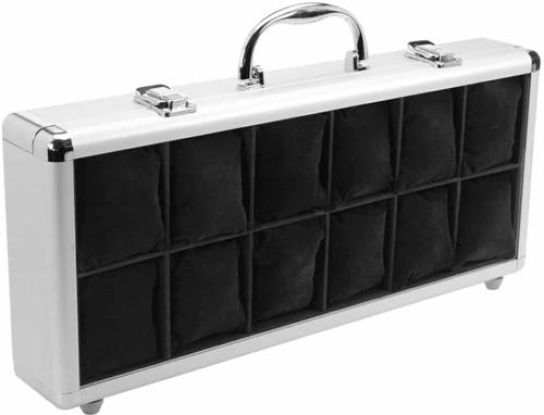 Aluminium Watch Case for 12 Watches or Jewellery - Black Velvet Interior