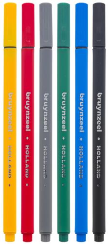 Bruynzeel Basic Fineliner Writing Pen Set - Pack of 6 (Black/Blue/Red/Green/Yellow/Grey)