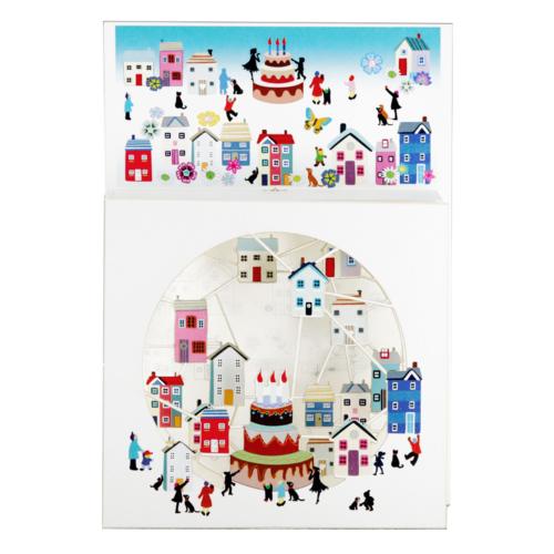 Birthday Cake with Houses- 3D Magic Box Laser-cut Greeting Card - single