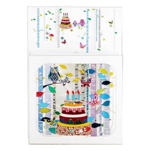 Birthday Cake with Owls - 3D Magic Box Laser-cut Greeting Card - single