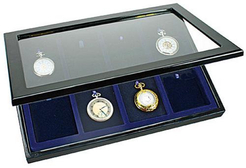 Luxury Pocket Watch Display Case - High-Gloss Black Wood with Royal Blue Interior