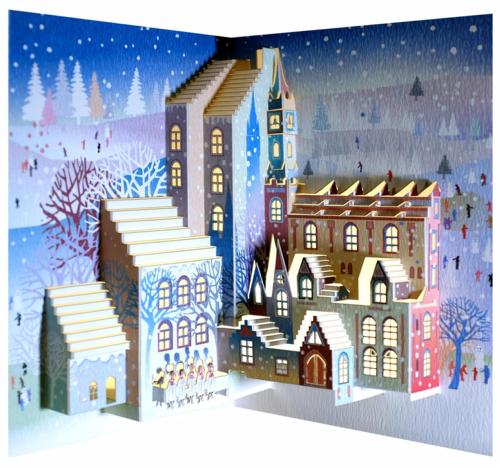 Laser-Cut Pop-Up Christmas Card - Snowy Town with Carol Singers (5x7")