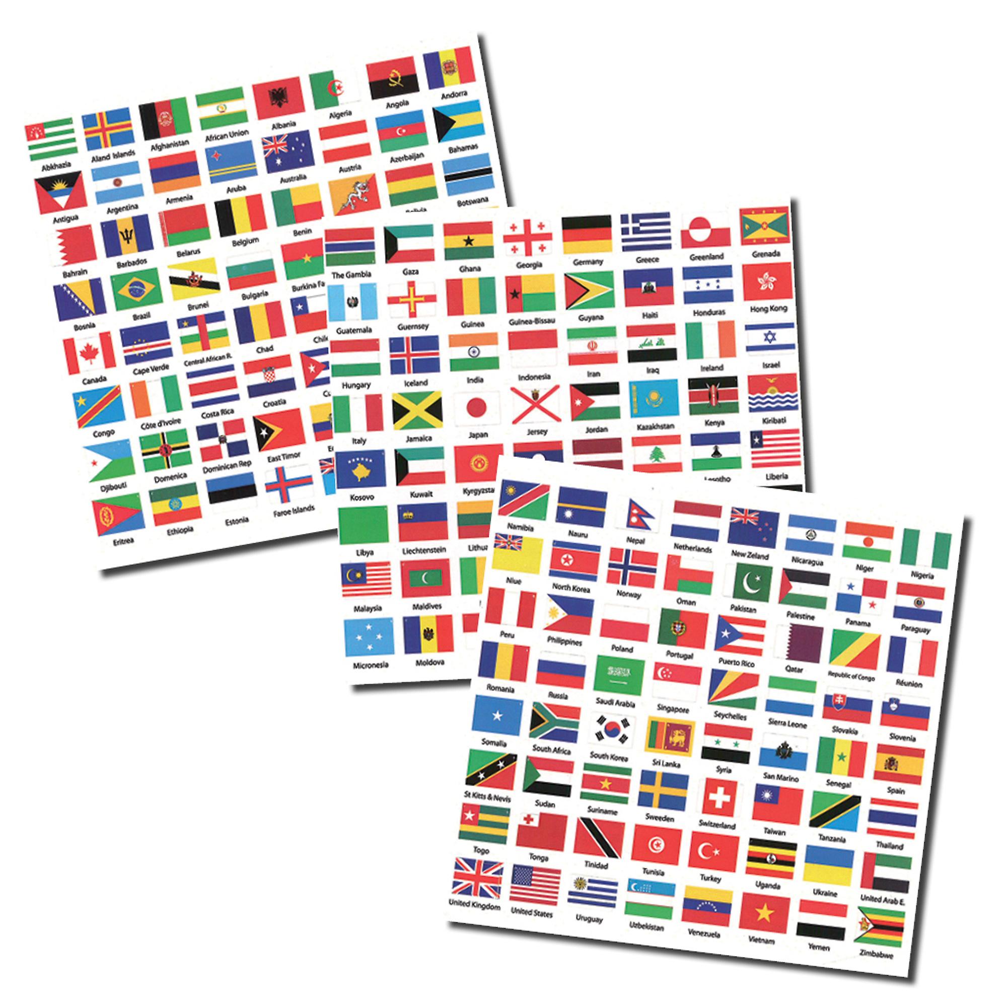 Flags of the World self-adhesive Labels - 3 sheets with 192 countries