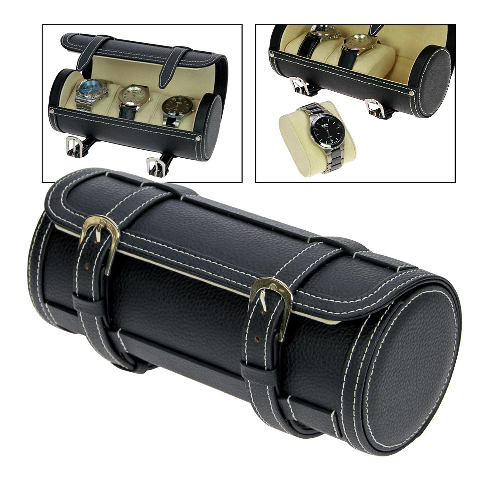 Leather look Cylindrical Travel Watch case for 3 watches