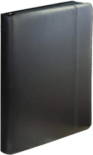 Premium Black PU Leather Conference File with Writing Pad & Secure Zip Closure