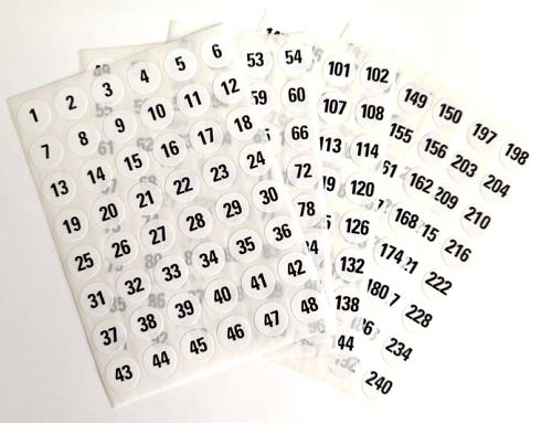 Numbered Self-Adhesive Labels - 1 to 240, 12mm Black on White Round Stickers