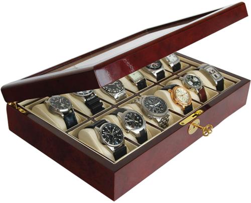 Luxury Wooden Jewellery & Watch Case - Gloss Finish with Lock and Transparent Lid